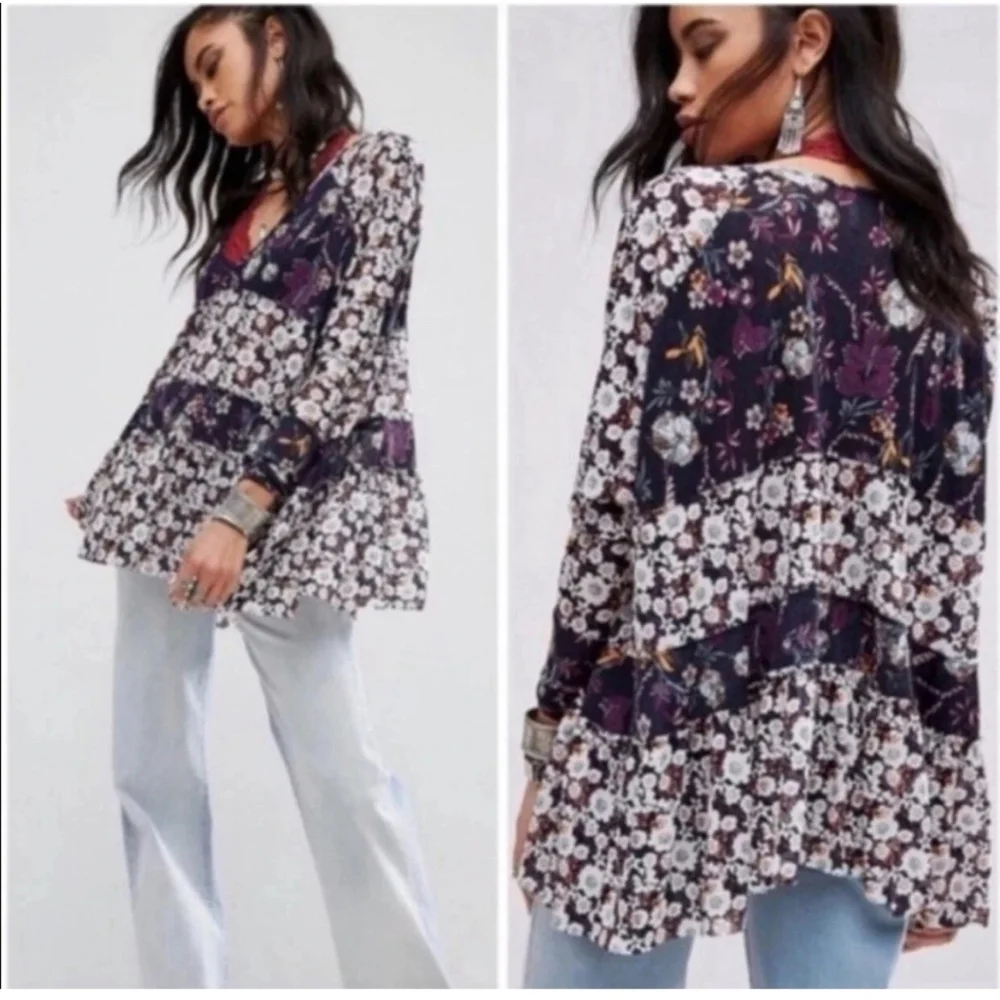 Free People Isabelle Floral Tunic Top Oversized White Blue Purple Blouse S - Picture 2 of 16